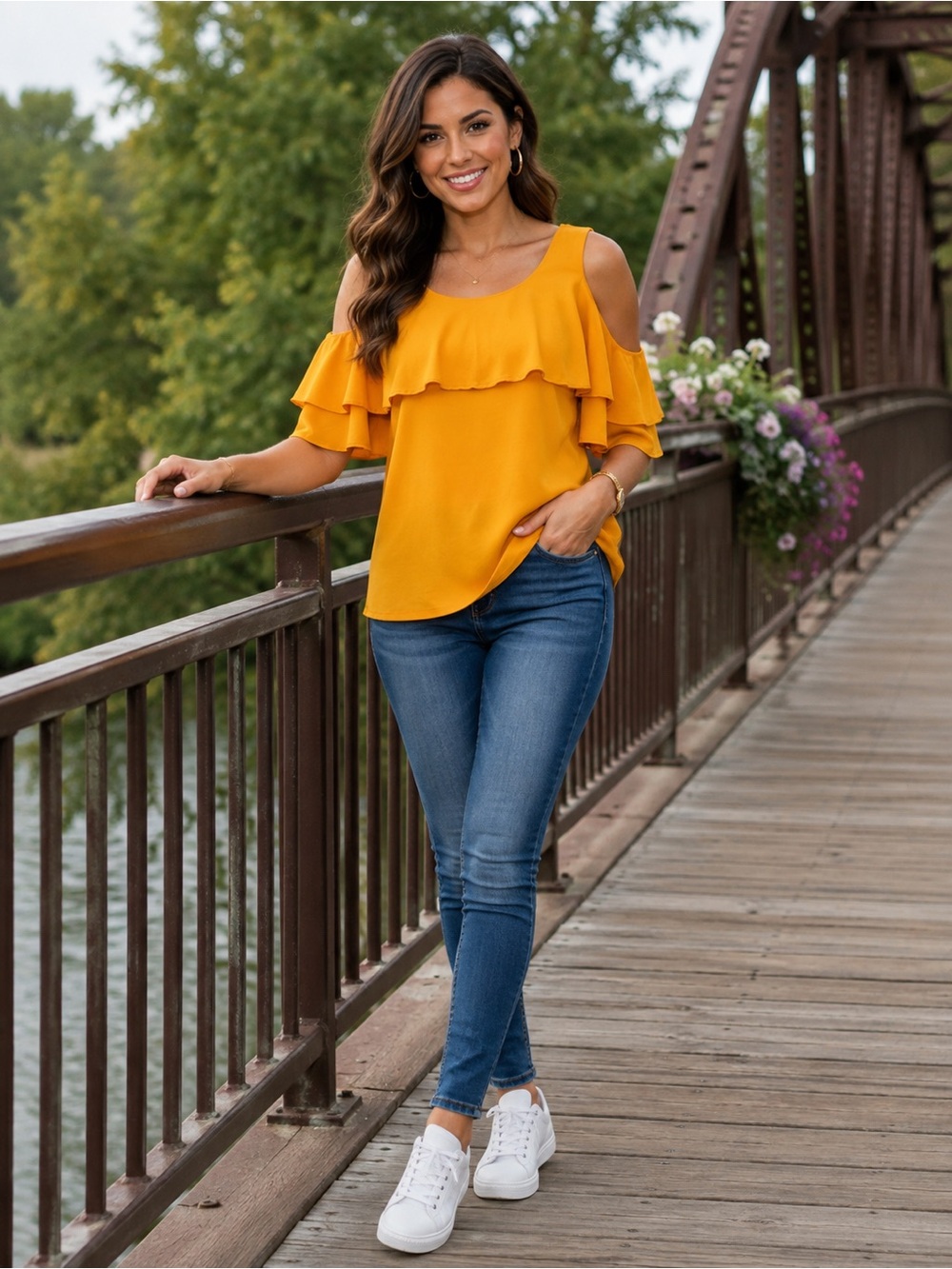 Michael Kors Yellow Cold-Shoulder Ruffle Top - Picture 2 of 6